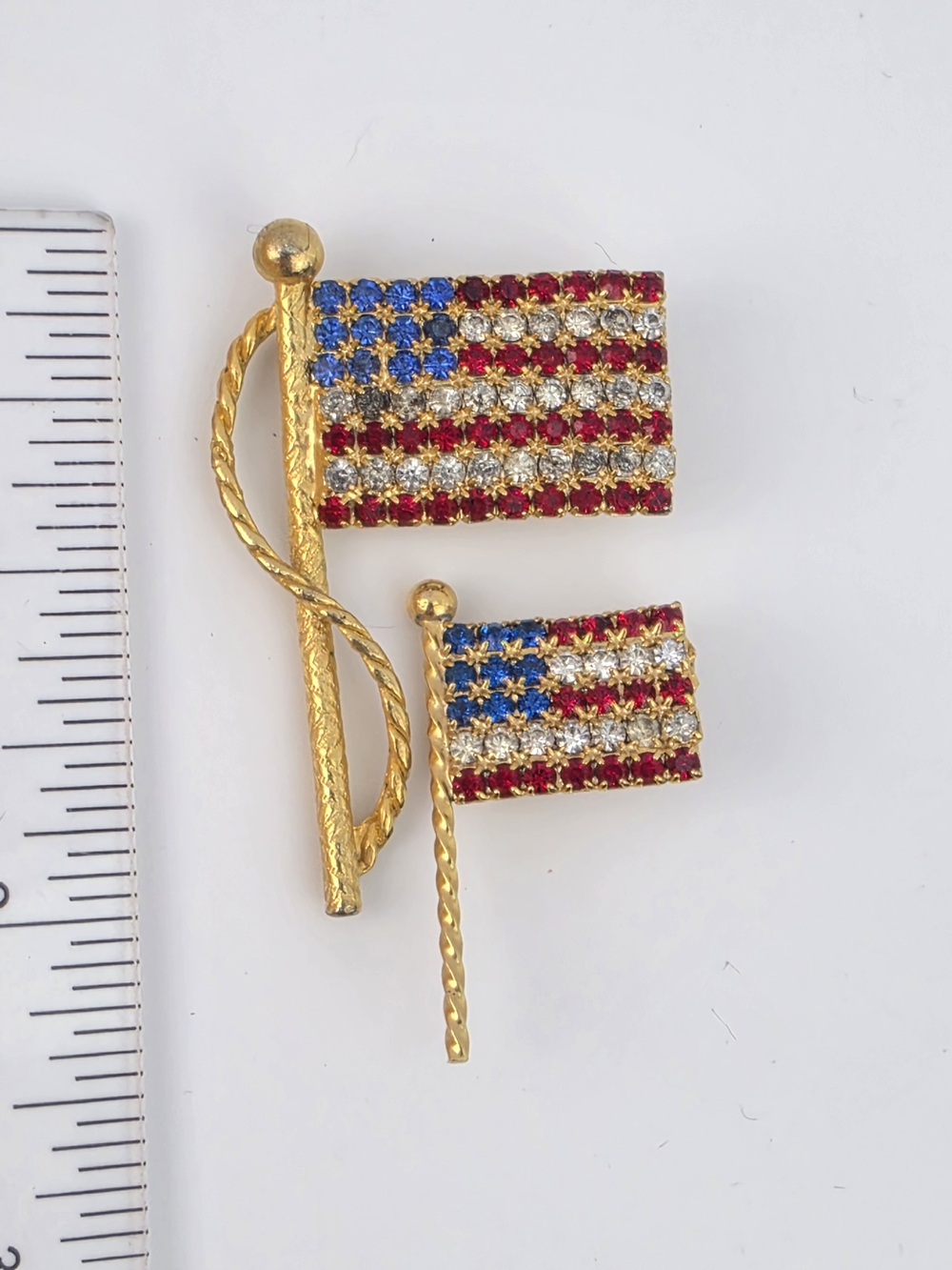 Estate Vintage American Flag Brooch Set with Red, White Blue & Rhinestone